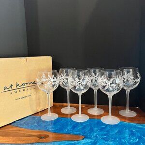 (6) At Home America Snowflake 16oz Balloon Wine Glasses Hand-painted